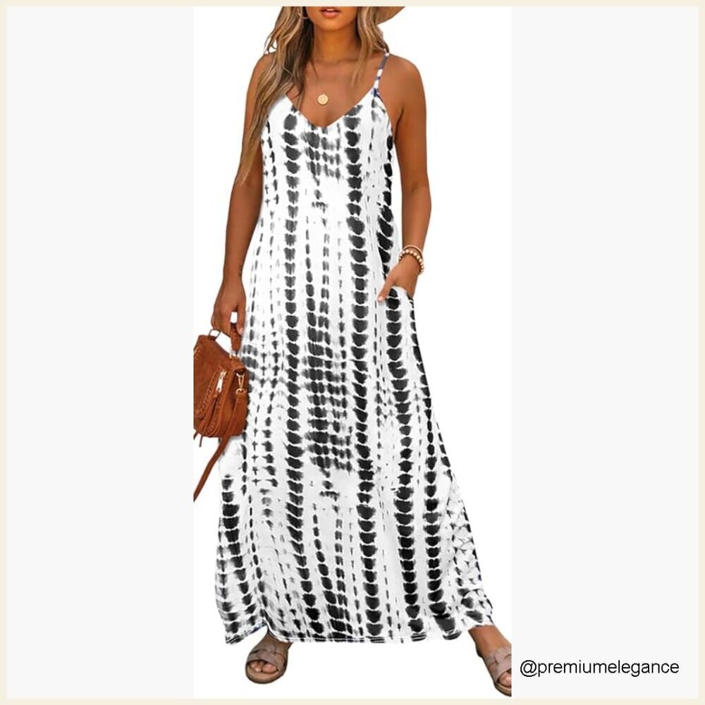 Summer Maxi Dress Spaghetti Strap V-Neck Flowy Boho Floral with Pockets
